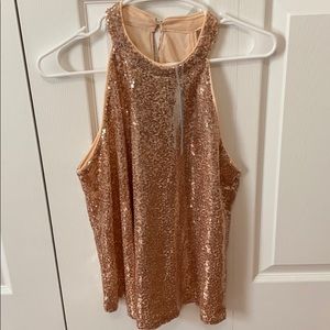 NWT- high neck sparkly halter. Rose gold color.